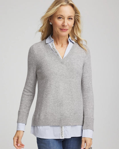 Chico's Classic - Sequin Built-In Shirt Knit Sweater Gray