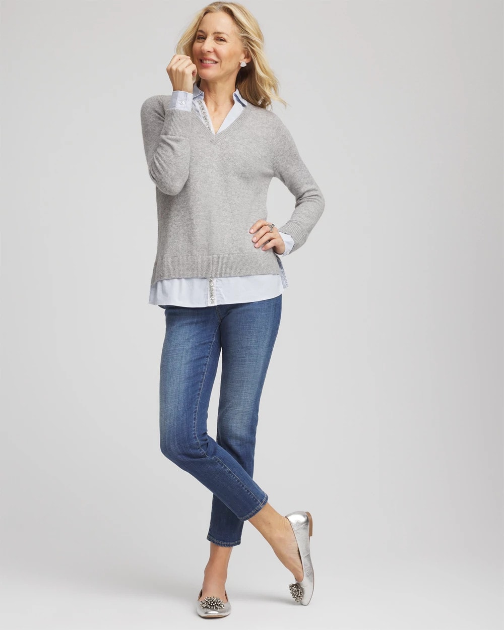 Chico's Classic - Sequin Built-In Shirt Knit Sweater Gray