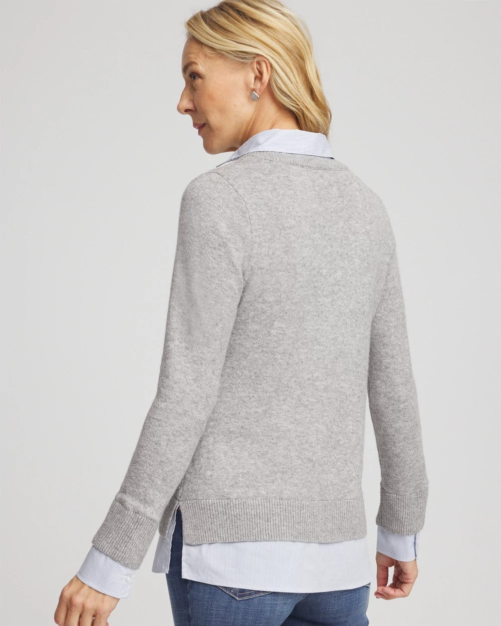 Chico's Classic - Sequin Built-In Shirt Knit Sweater Gray
