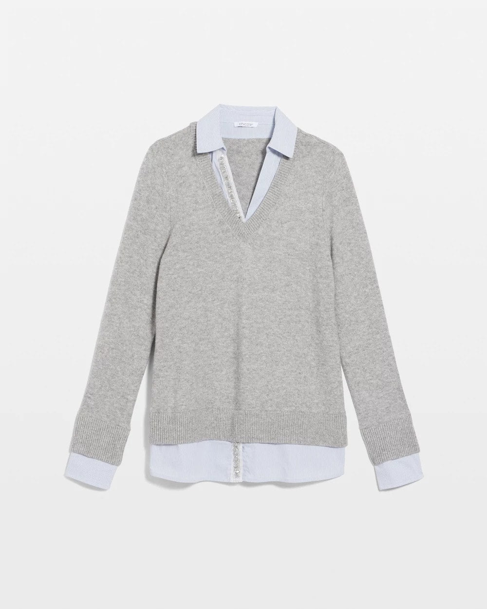 Chico's Classic - Sequin Built-In Shirt Knit Sweater Gray