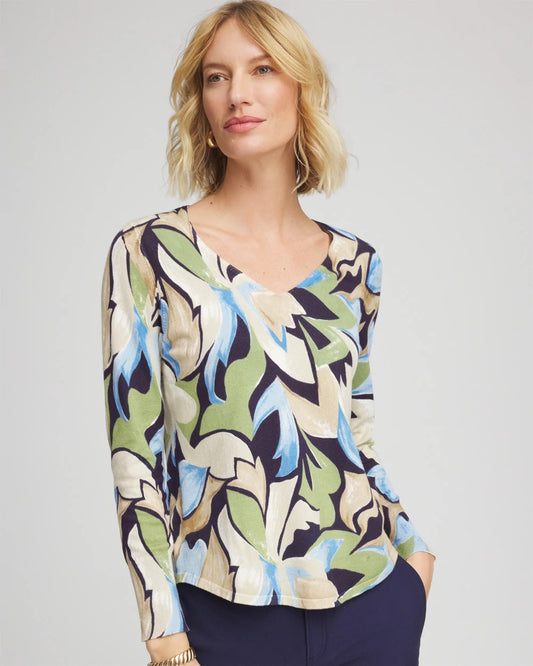 Chico's Classic - Ella Bloom V-Neck Pullover Sweater Passport Blue