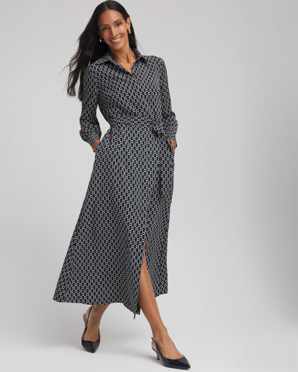 Chico's New - Chain Print Maxi Shirtdress Passport Blue