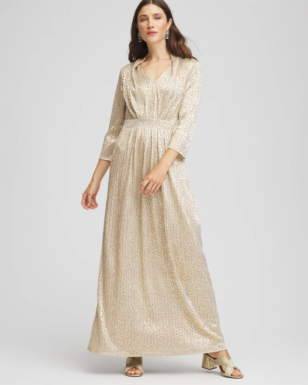 Chico's Trusted - Metallic Knit Pleated Maxi Dress Gold