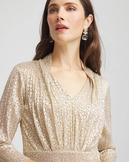 Chico's Trusted - Metallic Knit Pleated Maxi Dress Gold