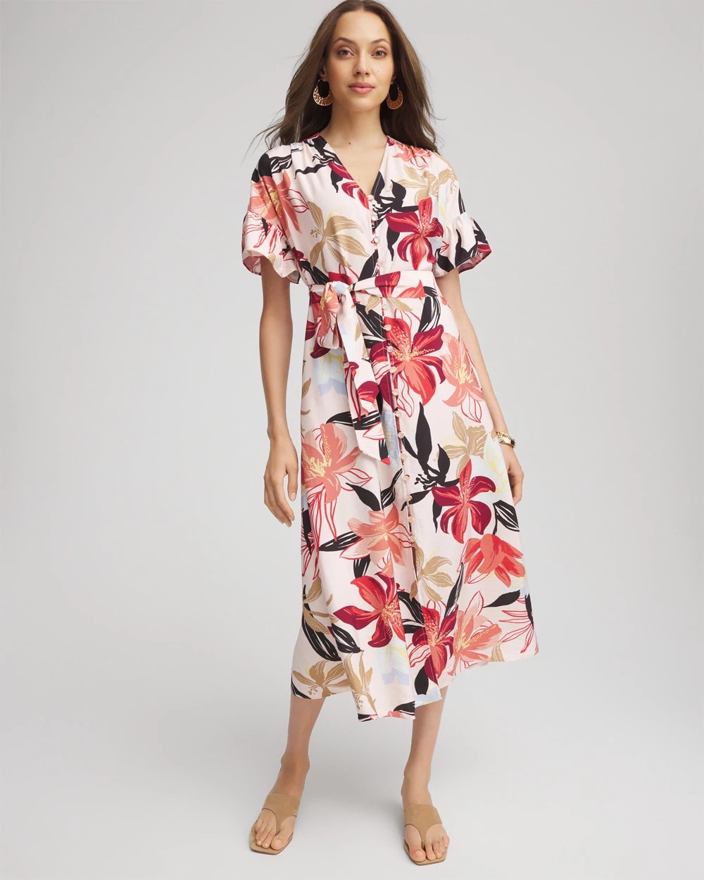 Chico's Discount - Tonal Floral Ruffle-Sleeved Midi Dress Multi