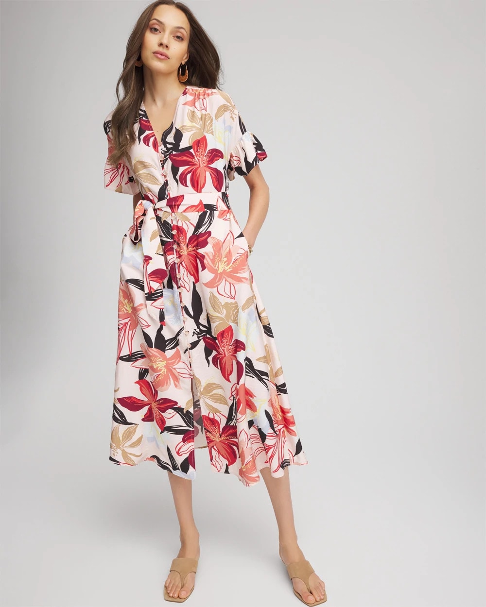 Chico's Discount - Tonal Floral Ruffle-Sleeved Midi Dress Multi