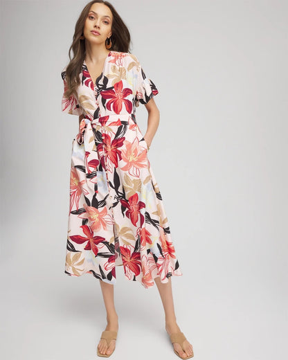 Chico's Discount - Tonal Floral Ruffle-Sleeved Midi Dress Multi