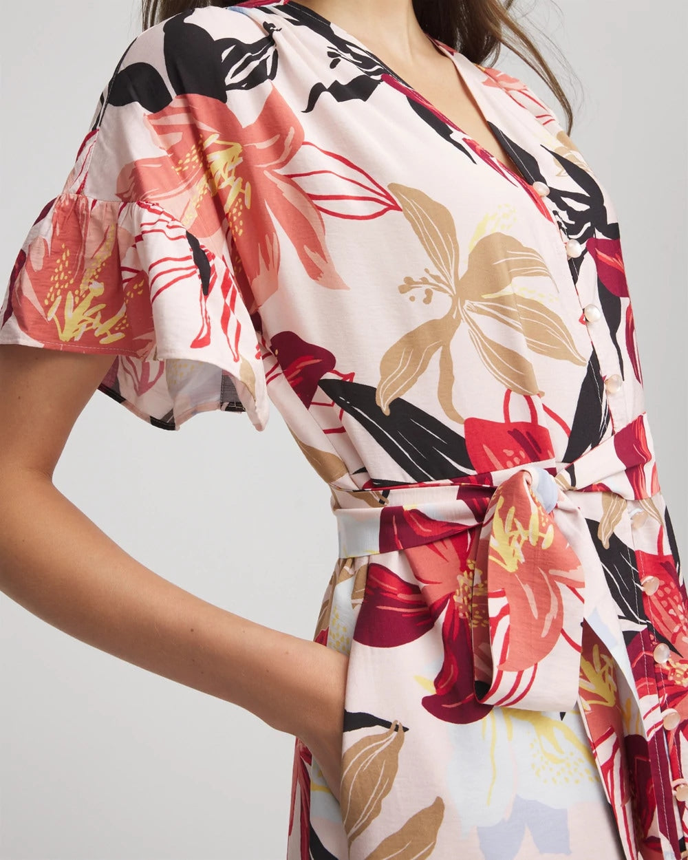 Chico's Discount - Tonal Floral Ruffle-Sleeved Midi Dress Multi