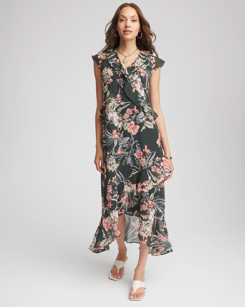 Chico's Featured - Floral Ruffle-Trim Chiffon Dress Darkest Spruce