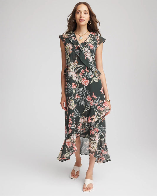 Chico's Featured - Floral Ruffle-Trim Chiffon Dress Darkest Spruce