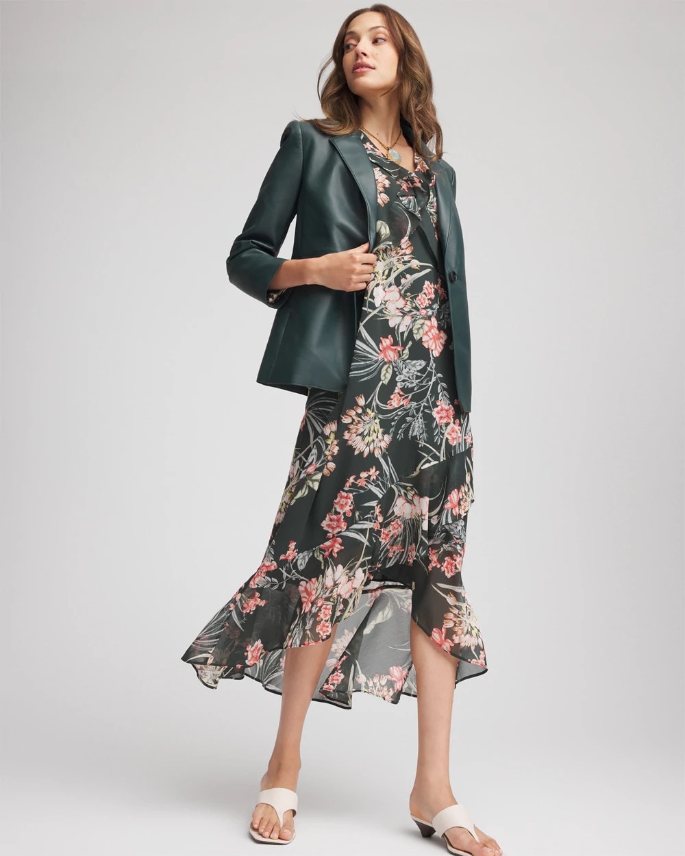 Chico's Featured - Floral Ruffle-Trim Chiffon Dress Darkest Spruce