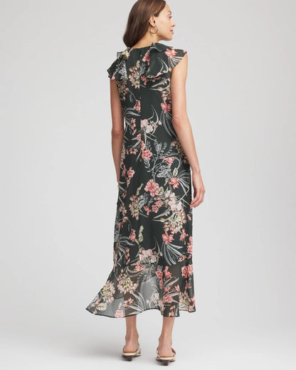 Chico's Featured - Floral Ruffle-Trim Chiffon Dress Darkest Spruce