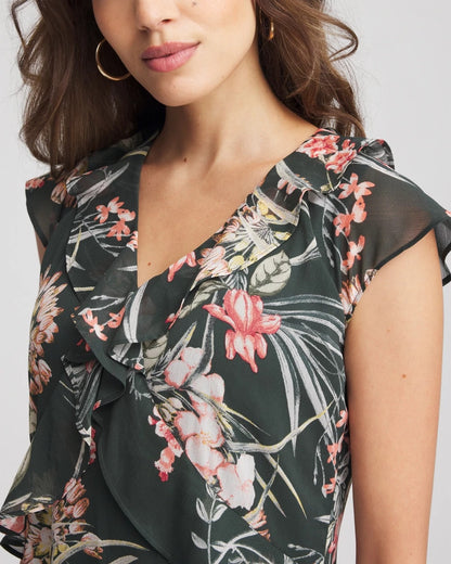Chico's Featured - Floral Ruffle-Trim Chiffon Dress Darkest Spruce