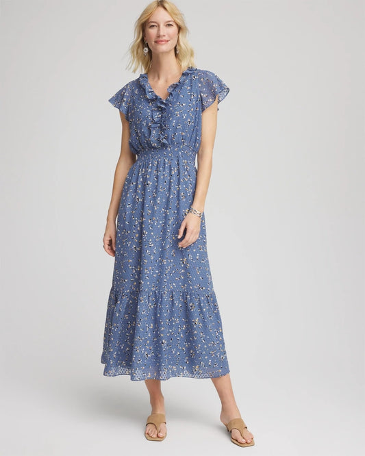 Chico's Trending - Textured Ruffled-Placket Maxi Dress Blue Lotus