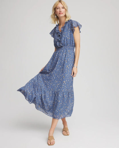 Chico's Trending - Textured Ruffled-Placket Maxi Dress Blue Lotus