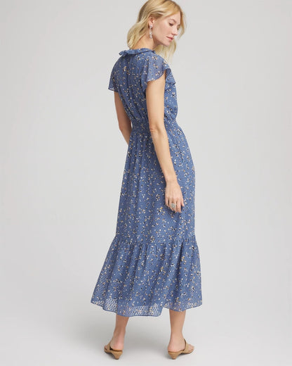 Chico's Trending - Textured Ruffled-Placket Maxi Dress Blue Lotus