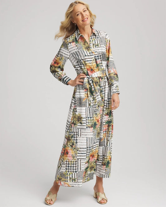 Chico's Popular - Artisanal Floral Print  Maxi Shirtdress Ecru