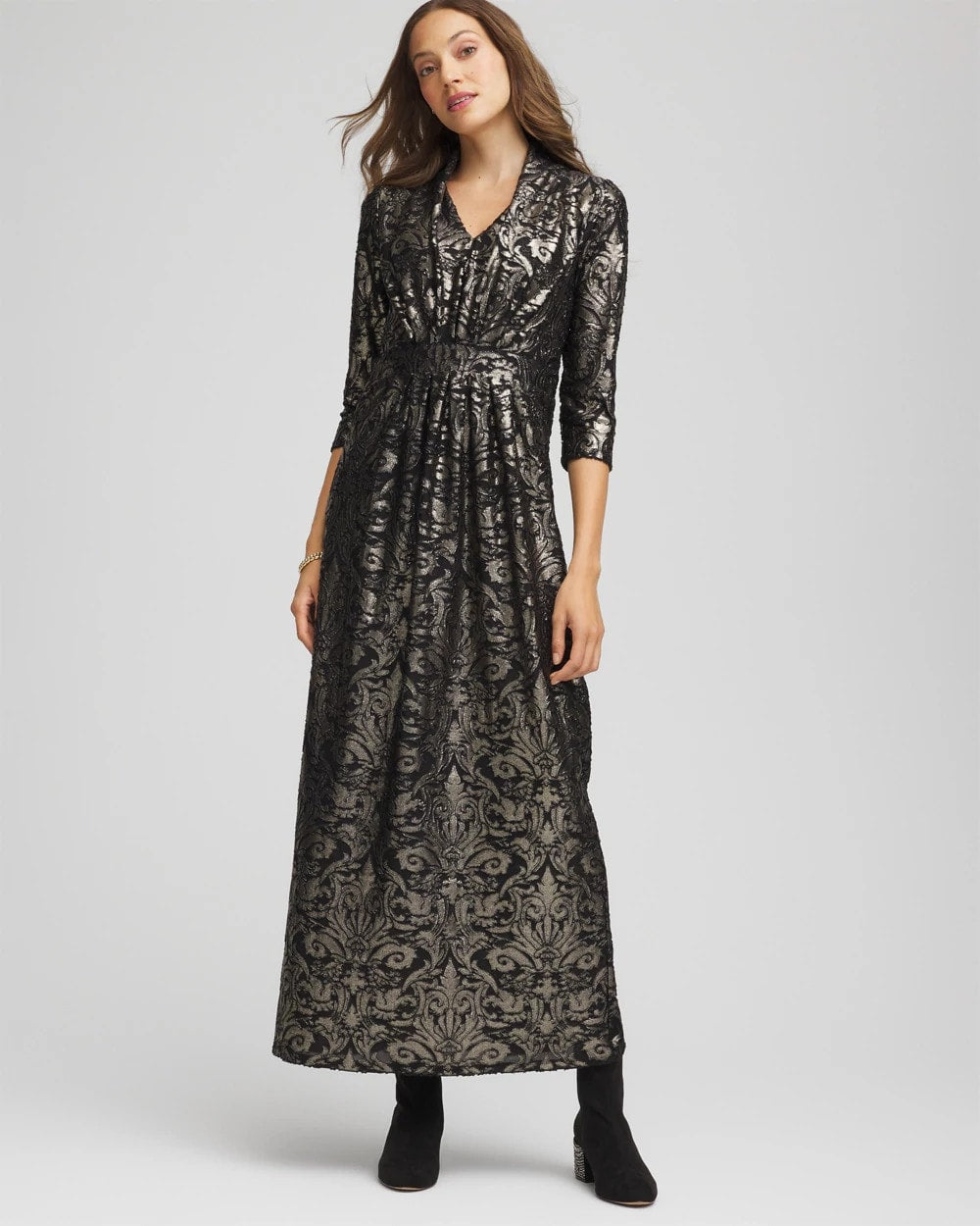 Chico's Trusted - Foiled Knit Pleated Maxi Dress Black
