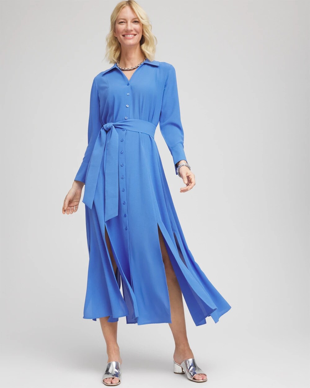 Chico's Deals - Belted Split Hem Maxi Shirtdress Blue Pearl