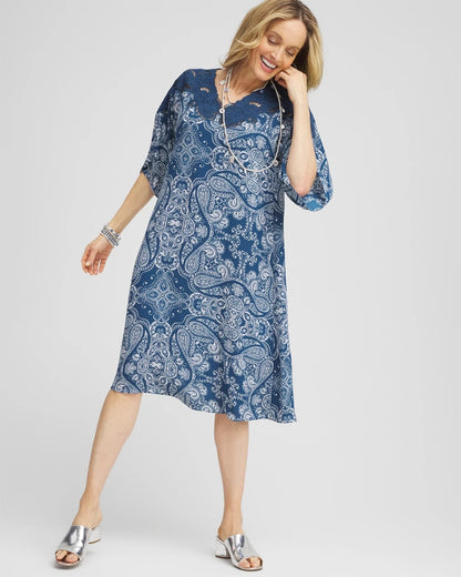 Chico's Best Seller - Crepe Lace-Neck Dress Seaport Blue