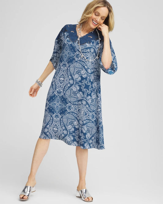 Chico's Best Seller - Crepe Lace-Neck Dress Seaport Blue