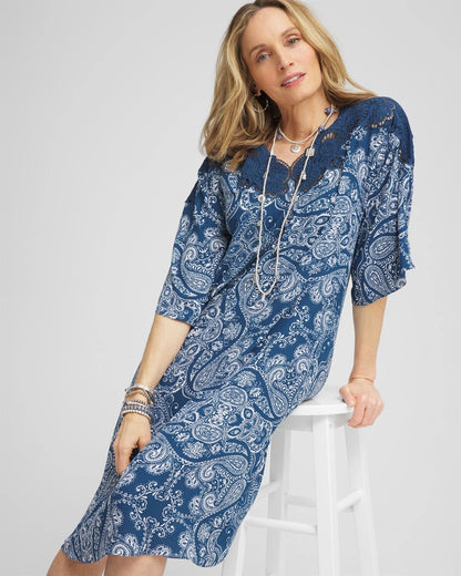 Chico's Best Seller - Crepe Lace-Neck Dress Seaport Blue