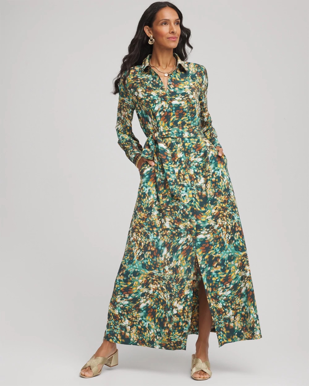 Chico's Best Seller - Printed Long-Sleeved Shirtdress Darkest Spruce