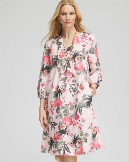 Chico's Latest - Floral Linen Pintuck 3/4 Sleeved Dress Multi