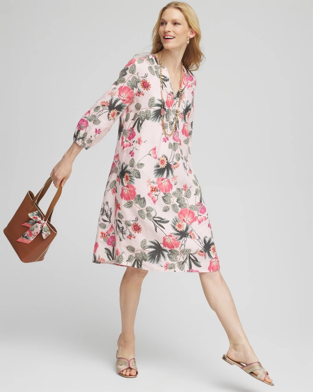 Chico's Latest - Floral Linen Pintuck 3/4 Sleeved Dress Multi