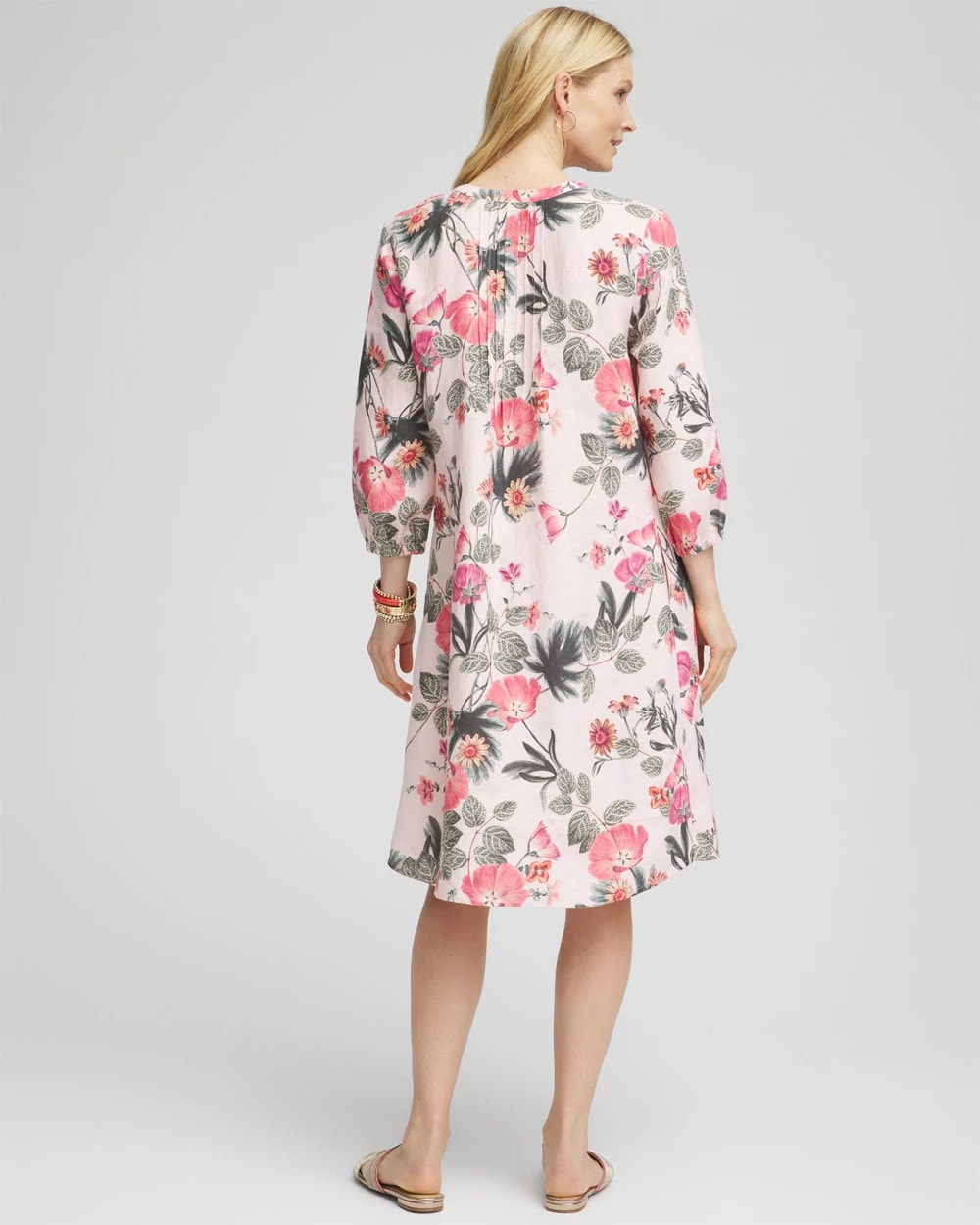 Chico's Latest - Floral Linen Pintuck 3/4 Sleeved Dress Multi