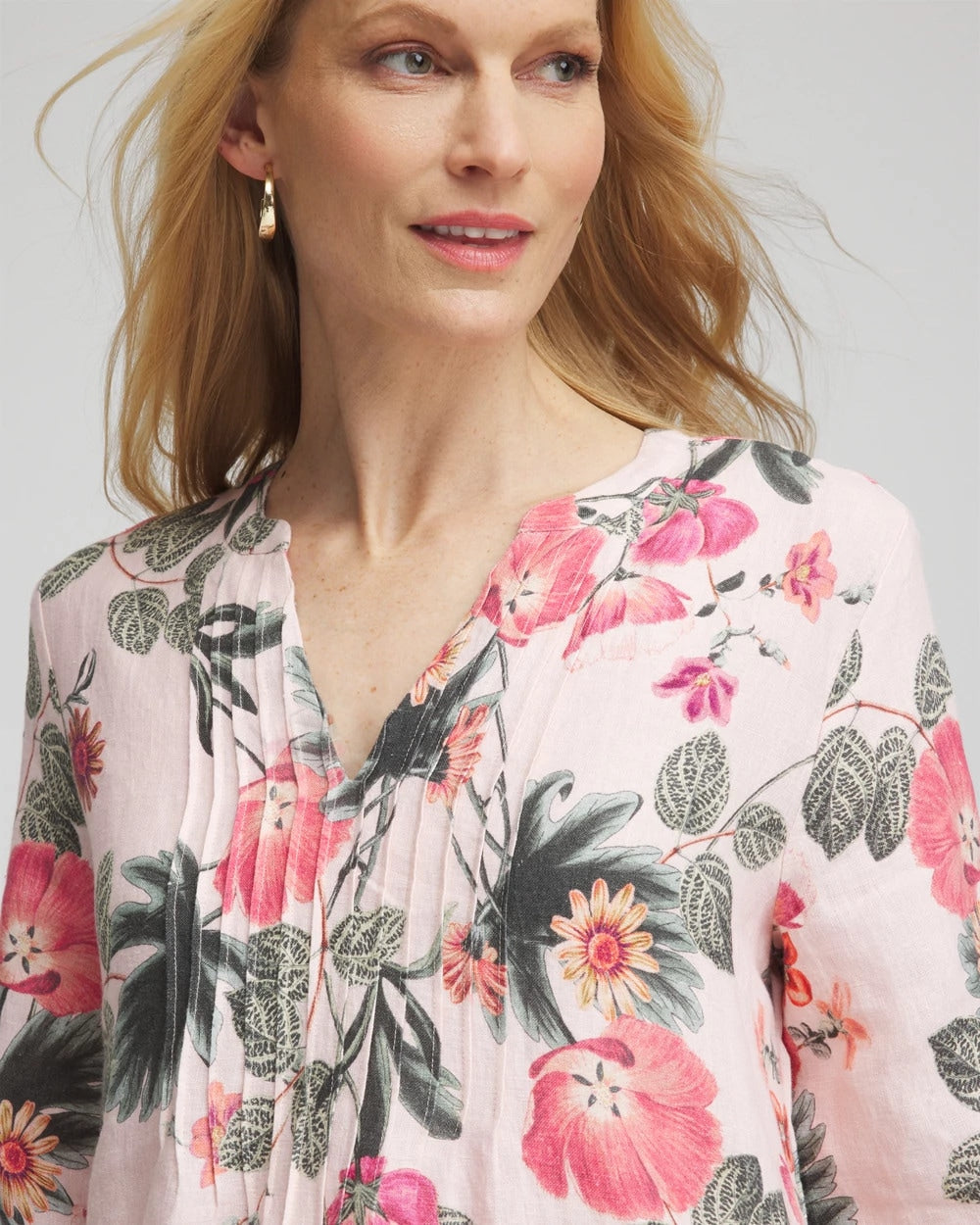 Chico's Latest - Floral Linen Pintuck 3/4 Sleeved Dress Multi