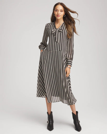 Chico's Exclusive - Chiffon Clip-Dot Tie-Neck Dress Black