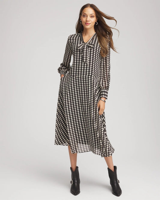 Chico's Exclusive - Chiffon Clip-Dot Tie-Neck Dress Black