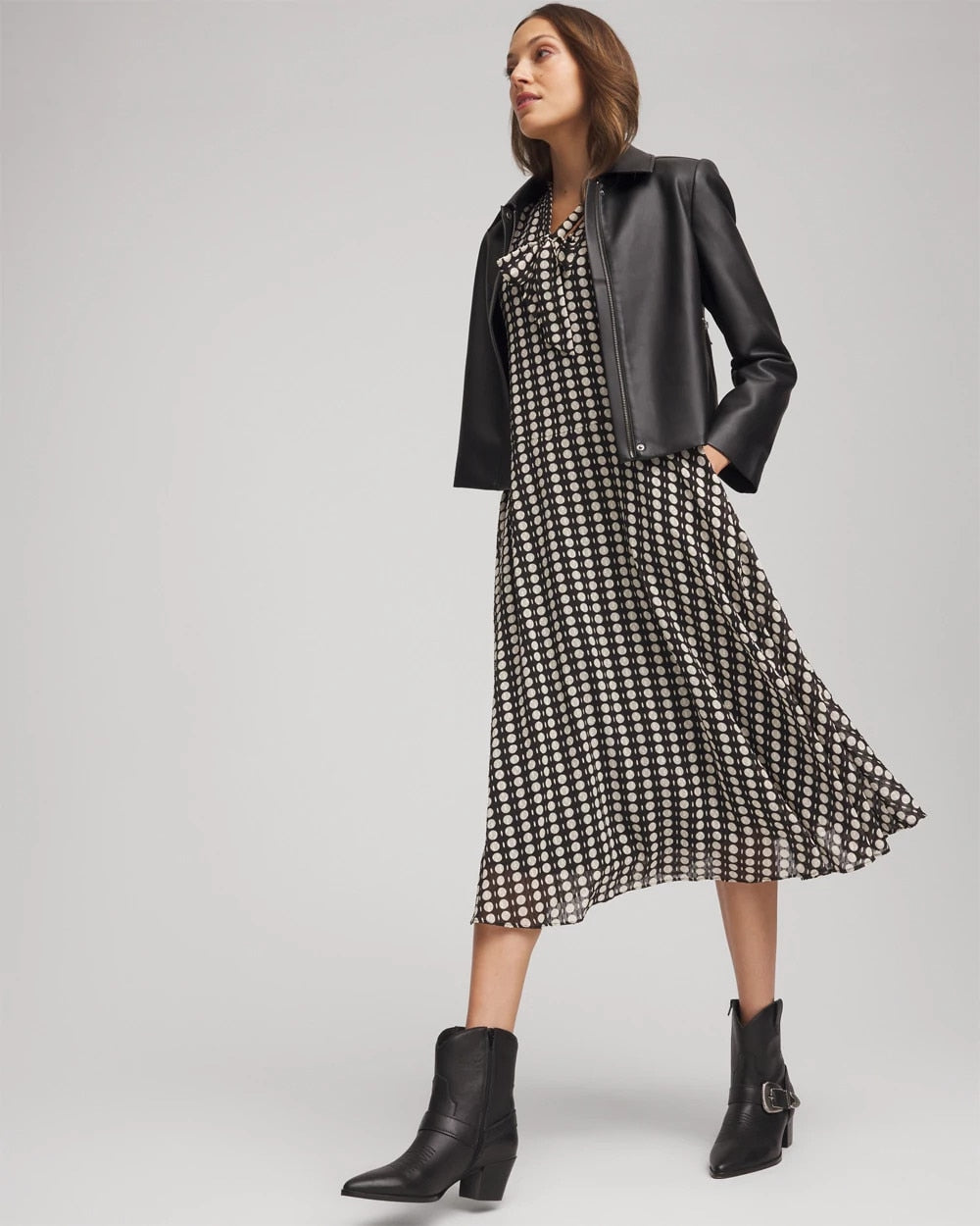 Chico's Exclusive - Chiffon Clip-Dot Tie-Neck Dress Black