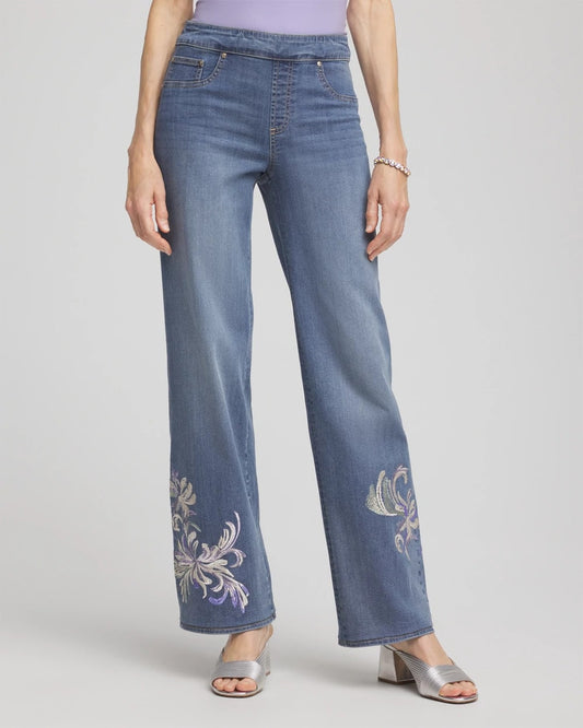 Chico's Recommended - Embroidered Pull-On Wide-Leg Jeans Soraya Indigo