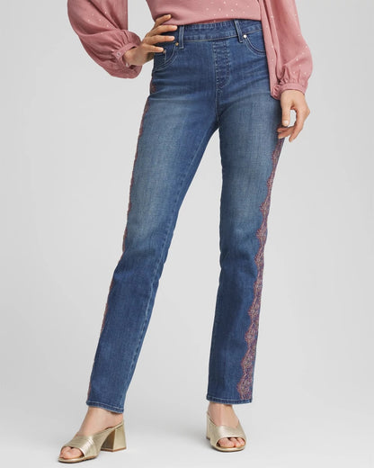 Chico's Customer Favorite - Lace Embroidered Pull-On Straight Jeans Alpine Indigo
