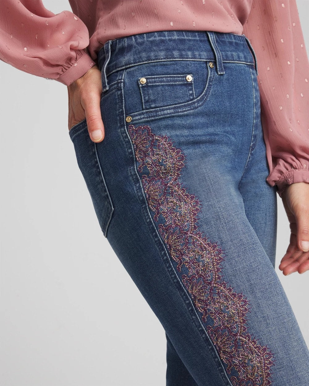 Chico's Customer Favorite - Lace Embroidered Pull-On Straight Jeans Alpine Indigo