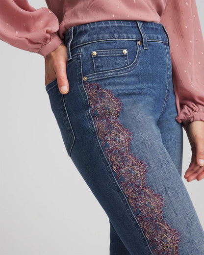 Chico's Customer Favorite - Lace Embroidered Pull-On Straight Jeans Alpine Indigo