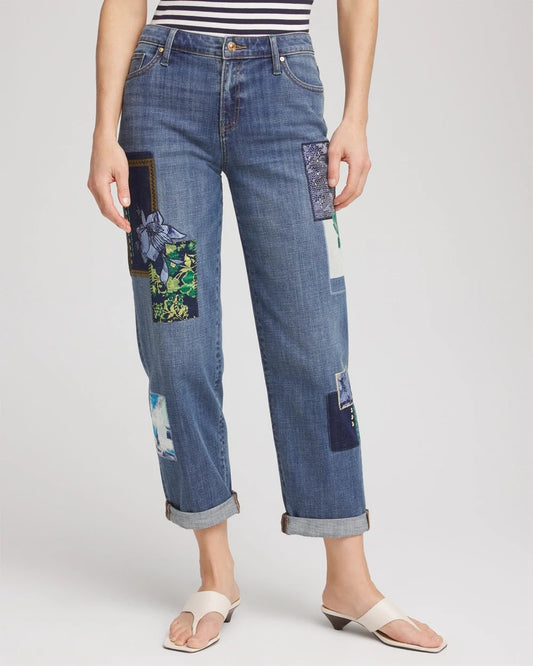 Chico's Quality - Boyfriend Patchwork Cropped Jeans Whimsical Indigo