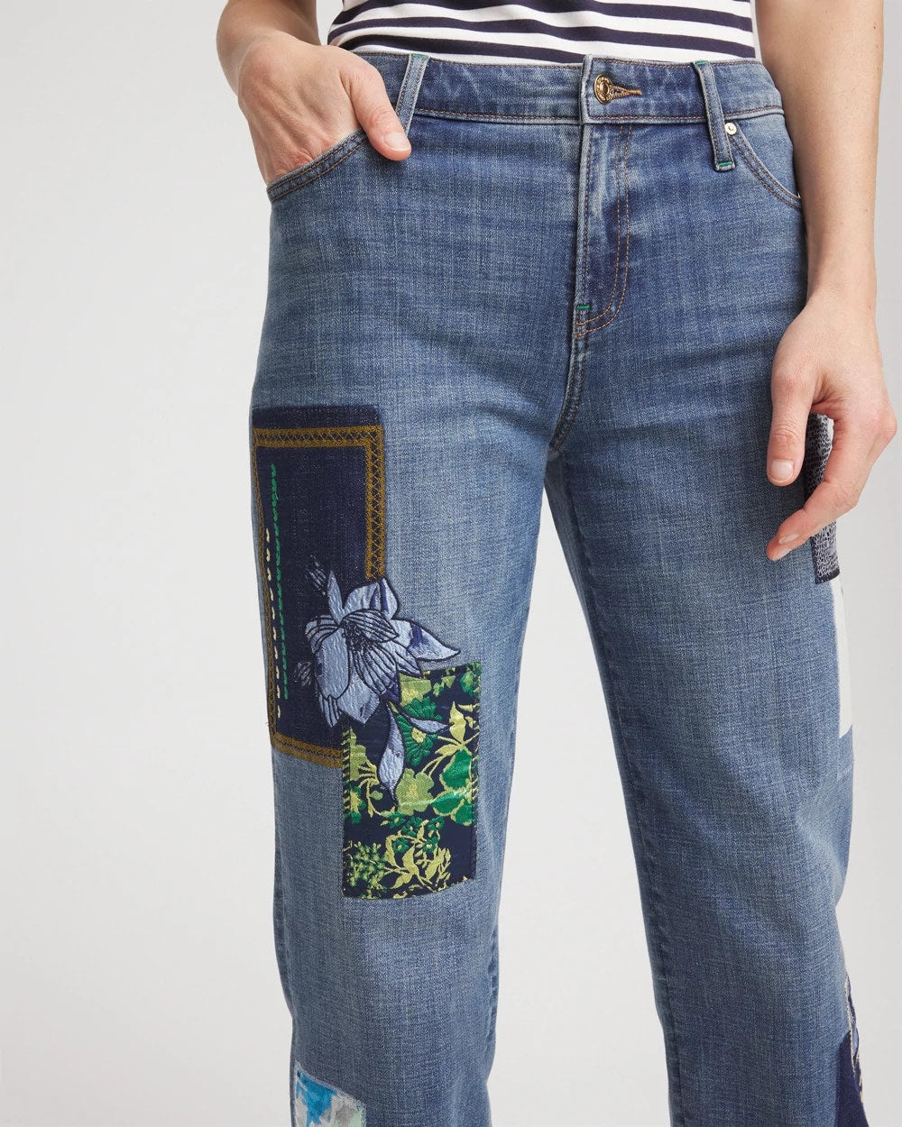 Chico's Quality - Boyfriend Patchwork Cropped Jeans Whimsical Indigo