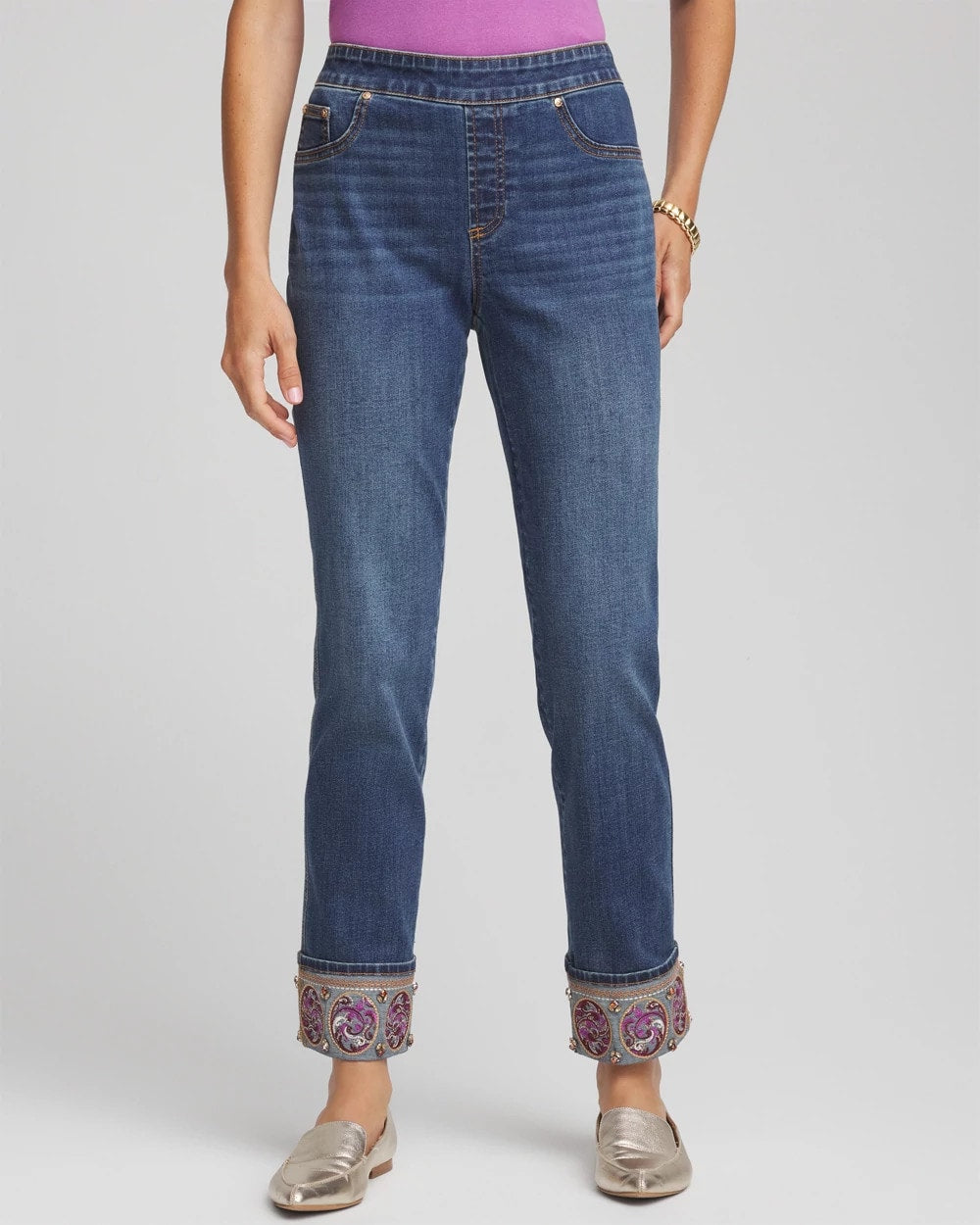 Chico's Quality - Embellished Pull-On Slim Ankle Jeggings Buttercup Indigo