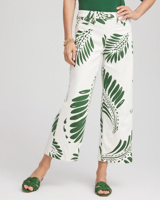 Chico's Featured - Palm-Frond-Motif Pull-On Wide-Leg Cropped Jeans Ecru
