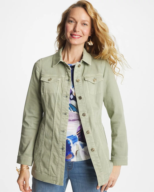 Chico's Customer Favorite - Elongated Belted Denim Jacket Seagrass Green