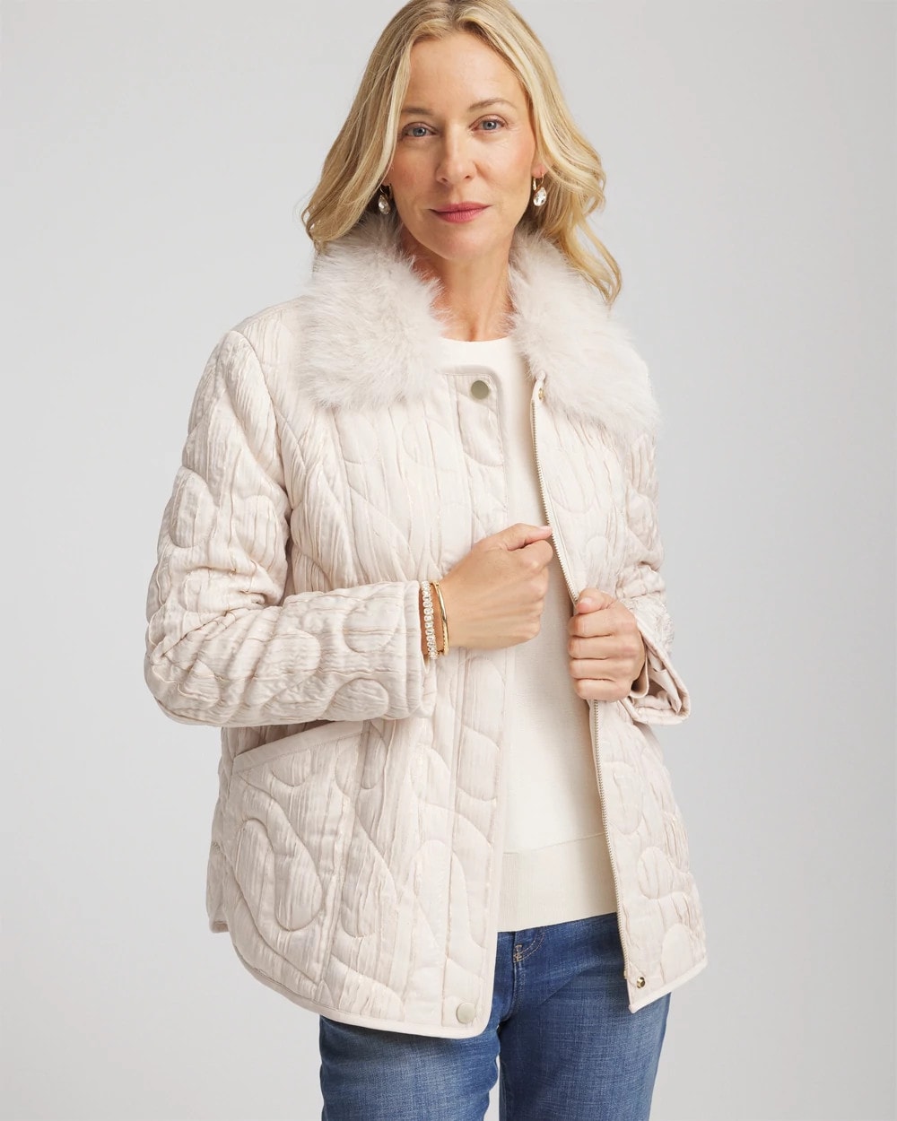 Chico's Sale - Quilted Faux Fur Collar Jacket Cream