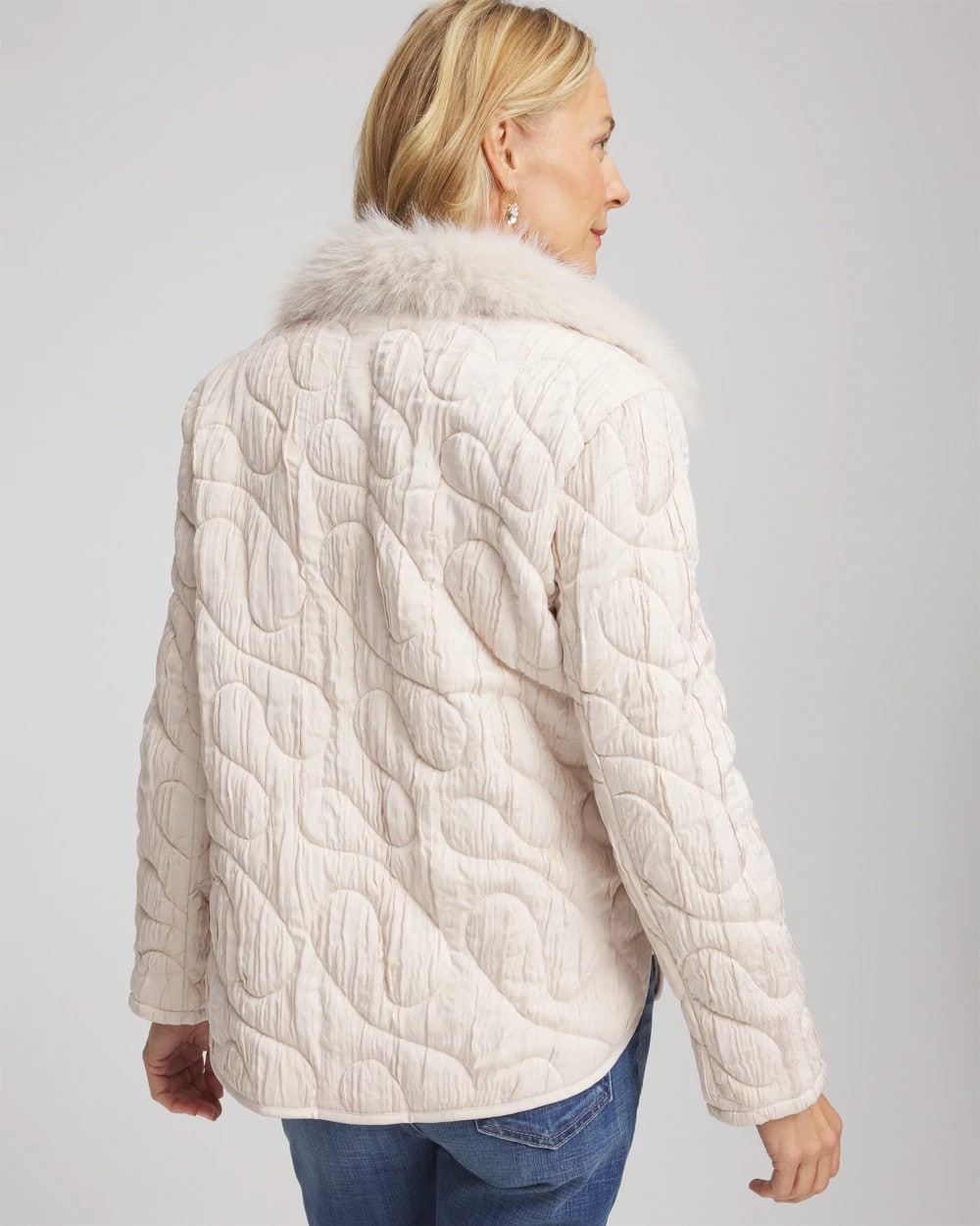 Chico's Sale - Quilted Faux Fur Collar Jacket Cream