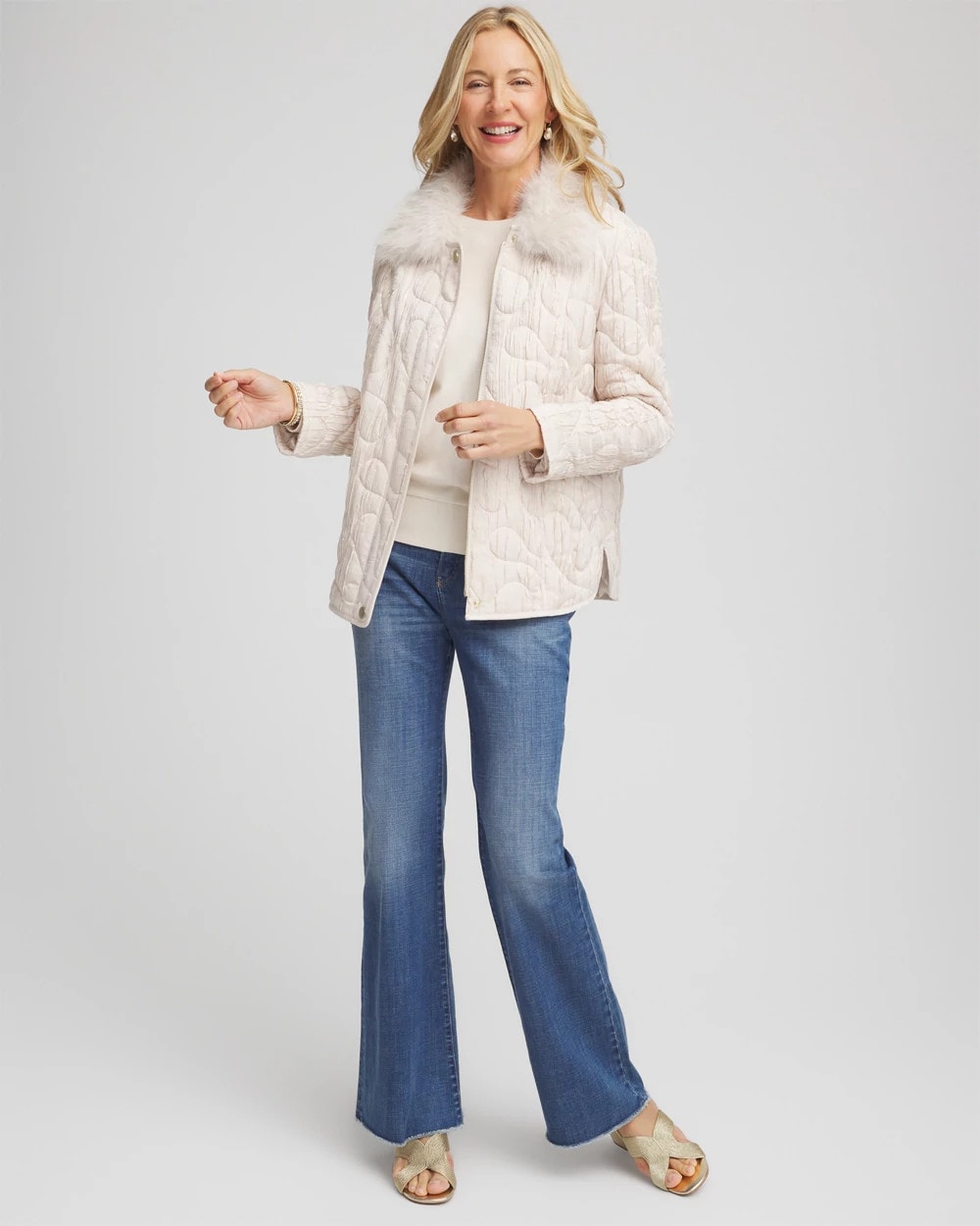 Chico's Sale - Quilted Faux Fur Collar Jacket Cream