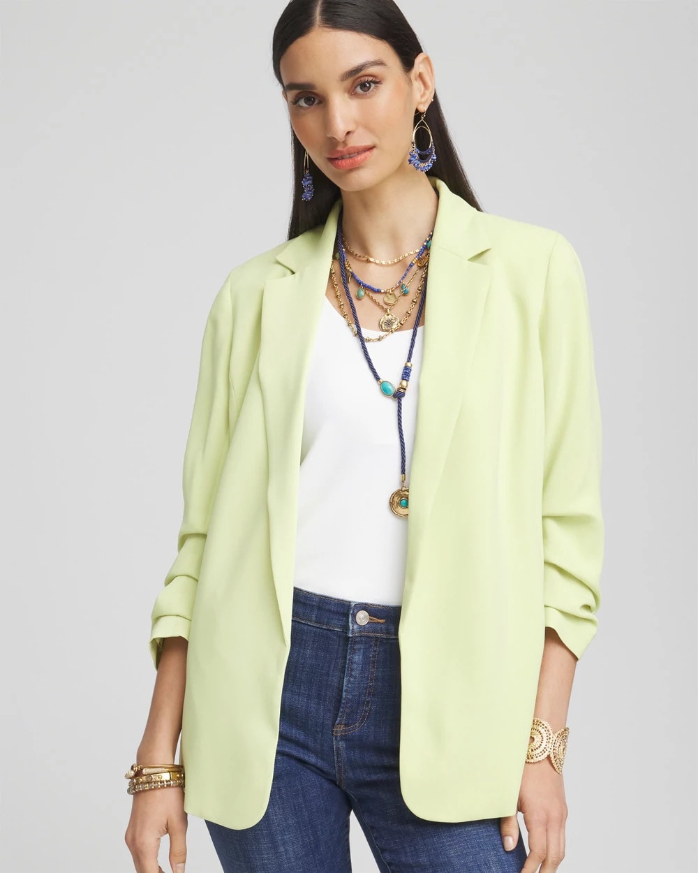 Chico's Recommended - Notched-Lapel Ruched Sleeve Blazer Frozen Lime