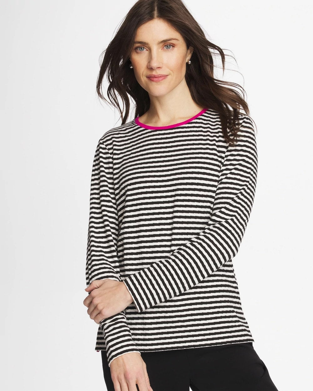 Chico's Signature - Zenergy® Striped Jacquard Contrast Pullover Top Europa Pink