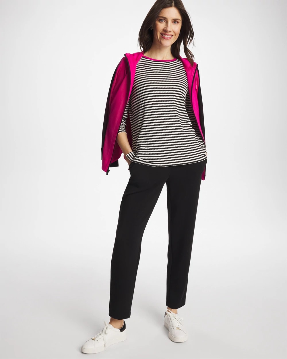 Chico's Signature - Zenergy® Striped Jacquard Contrast Pullover Top Europa Pink