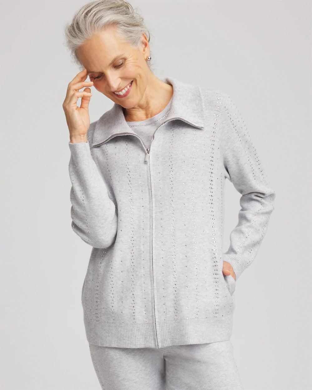 Chico's Customer Favorite - Zenergy® Luxe Diamante Zip Cardigan Frosted Gray Heather